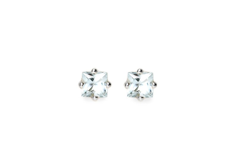 princess cut aquamarine stud earrings, handmade & eco friendly 14k yellow, rose and white gold 14k White Gold