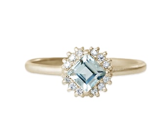 halo aquamarine and diamond ring, eco friendly, handmade, 14k and 18k gold, solitaire ring