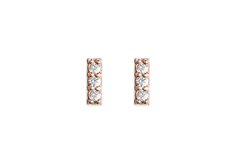 pave diamond bar studs, handmade and ethically made, minimalist earrings 14k yellow, rose and white gold 14k Rose Gold