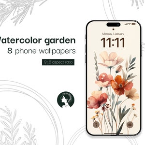 Watercolor garden phone wallpaper, aesthetic backgrounds, instant download, iPhone background, Android Wallpaper, Lockscreen, Screensaver