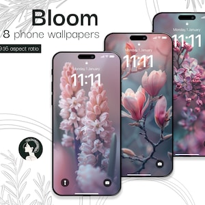 Peut inclure: Huit fonds d'écran pour téléphone présentant des images rapprochées de fleurs roses et blanches. Les images sont au format 9:16 et affichent l'heure 11:11 à l'écran.