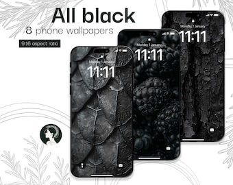 May include: Eight black and white phone wallpapers with a 9:16 aspect ratio. The wallpapers feature a close-up of blackberries, a textured tree bark, and a close-up of a leaf pattern.