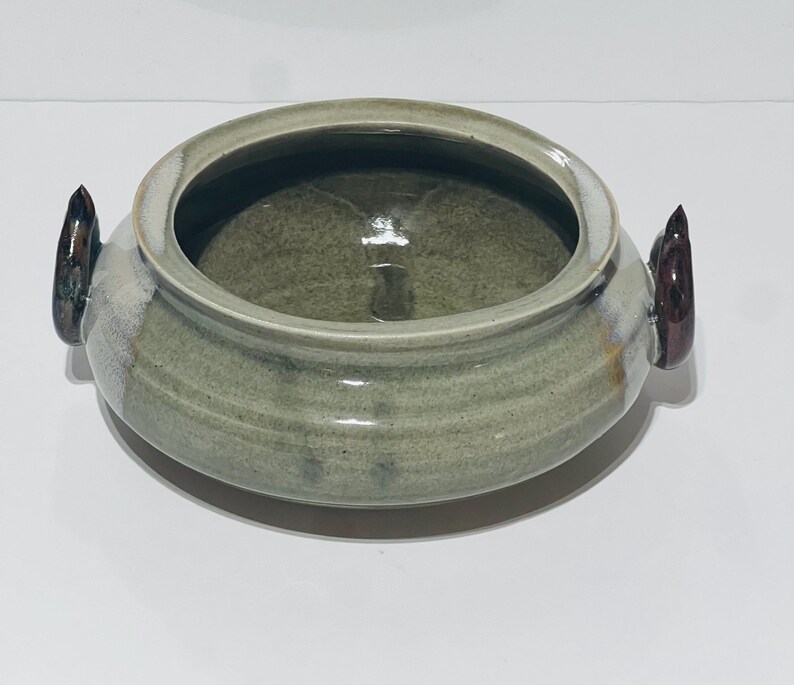 Pu&ograve; includere: Una ciotola da portata in ceramica verde con due manici marroni. La ciotola ha una finitura smaltata e una forma leggermente arrotondata.