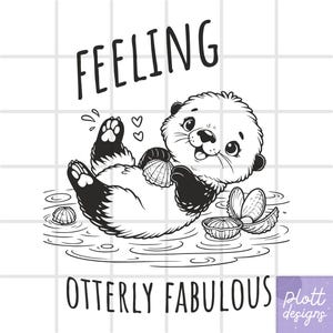 Könnte beinhalten: Schwarzweiß-Illustration einer Cartoon-Otter, die eine Muschel hält und im Wasser schwimmt. Der Text "Feeling Otterly Fabulous" befindet sich unter der Otter.