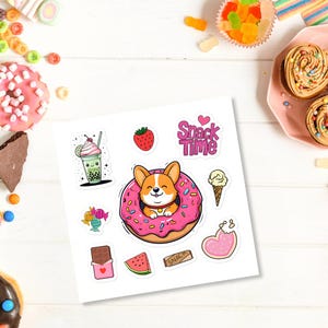 Corgi Donut Snack Time Sticker Sheet, dog lover gift, Cute Food Sticker Pack, Animal Vinyl sticker, Laptop sticker book, Kawaii Sticker Set