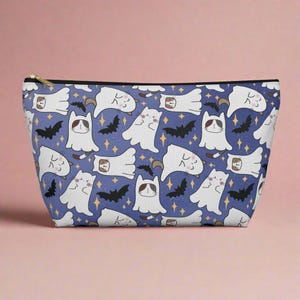 Blue Ghostly Kittens and Bats Accessory Pouch, Halloween Makeup Bag, Spooky Cosmetic Case, Small Gothic Zipper Pouch, Ghost Cat Coin Purse