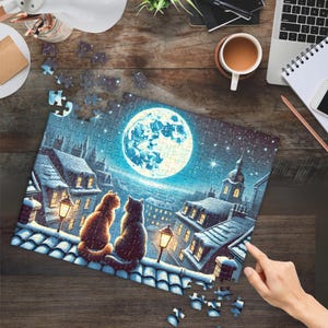 Winter Cats on a Starlit Night Jigsaw Puzzle (120, 252, or 500 Pieces), Cat Puzzle, Puzzle for Cat Lovers, Cute Holiday Gift, Festive Puzzle