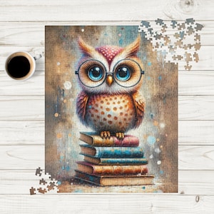 Cute Book Owl with Glasses Jigsaw Puzzle (120, 252, 500 Pieces), Bird Lover Puzzle, Beautiful Owl Puzzle Gift, Colorful Puzzle for Adults