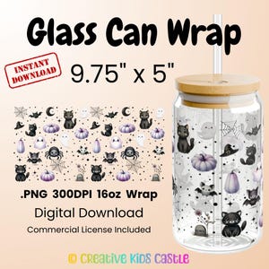 Black Cat Halloween Glass Can Wrap, Spooky Cup Wrap, Cute Ghost Glass Cup Wrap PNG, 16oz Glass Can Wrap, Cup Wrap PNG, Libby glass can wrap