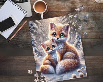Puzzle, Magical Foxes in Winter Landscape Jigsaw Puzzle (120, 252, 500 Pieces), Fox Puzzle, Winter Fox Scene, Nature Puzzle, Animal Lover