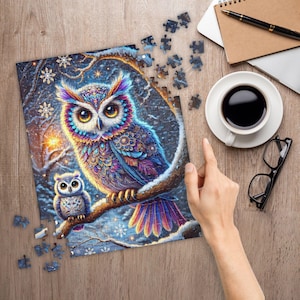 Magical Winter Owl Family Jigsaw Puzzle, Bird Lover Puzzle, Beautiful Puzzle for Mothers Day, Colorful Winter Puzzle for Adults, Gift Idea