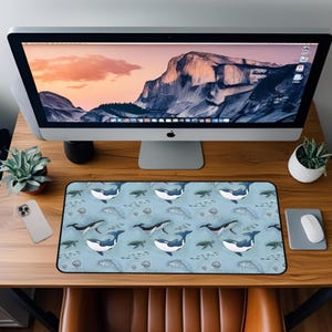 Ocean-Inspired Desk Mat - Nautical Decor for Home Office, Whale, Dolphin & Sea Life Design, Gifts for Marine Lovers, Playful Whale Workspace