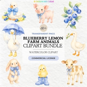 Blueberry Lemon Geese & Ducks Watercolor Clipart with Bows, Rain Boots | Cottagecore Farm Animals PNG Bundle Commercial Use high-Res PNG