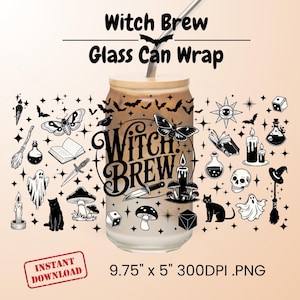 May include: A glass can wrap with a wooden lid and a metal straw. The wrap features the text "Witch Brew" and is decorated with bats, moths, stars, and other spooky illustrations. The dimensions are 9.75" x 5".