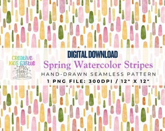 Spring Watercolor Stripe Pattern, Hand Drawn 300 DPI PNG Instant Download Digital Scrapbook Paper, Surface Design Bright Color Seamless File