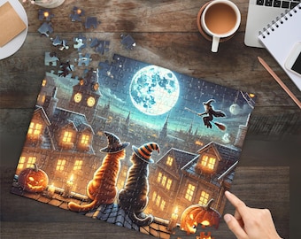 Moonlit Halloween Cats Jigsaw Puzzle (120, 252, 500-Piece) Cat Puzzle, Puzzle for Cat Lovers, Halloween Festive Pumpkin Decor, Spooky Puzzle
