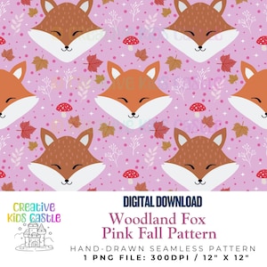 Fox Fall Pink Seamless Pattern: Woodland Animals, Leaves (PNG Digital Download, Commercial Use License), Hand Drawn Art for Crafts & DIY