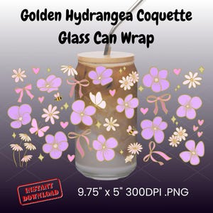 May include: A glass can wrap with a floral design. The wrap features lavender flowers, pink bows, and butterflies. The text "Golden Hydrangea Coquette Glass Can Wrap" is at the top. The image is 9.75" x 5".