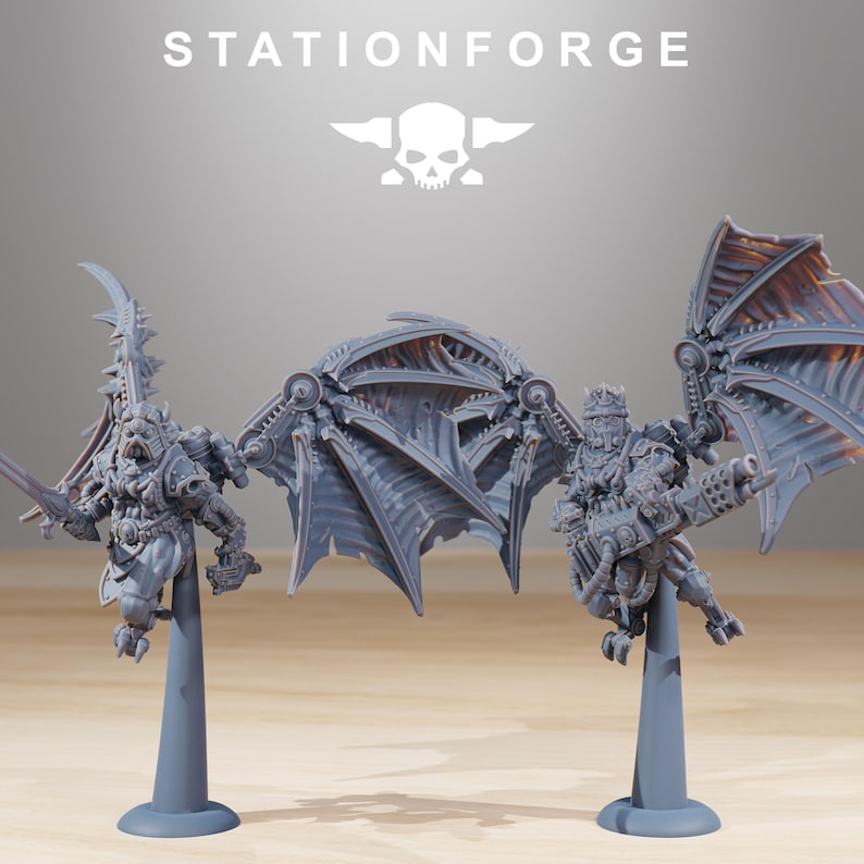 May include: Two grey miniature figures with mechanical wings and weaponry, mounted on grey stands. The figures are detailed with intricate armour and accessories. The text "STATIONFORGE" and a skull logo are at the top.