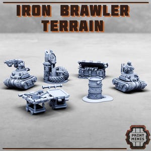 May include: A set of five 3D printed miniature terrain pieces for tabletop gaming. The pieces are gray and include a robot, a barrel, a chest, a sign, and a platform.
