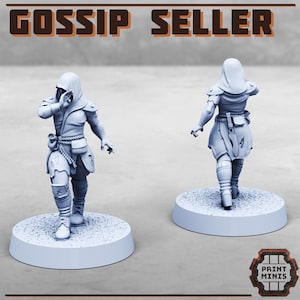May include: A light gray miniature figure of a character in a hooded cloak, with one hand raised to their face. The figure is on a circular base. The text "GOSSIP SELLER" is above the figure.