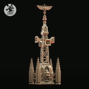 May include: A detailed 3D printed model of a gothic tower with a skull and wings on top. The tower has a large speaker on each side and a smaller speaker in the centre. The tower is surrounded by a gothic fence.
