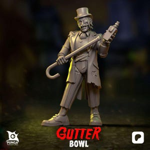 Könnte beinhalten: Graue Miniaturfigur einer zombieartigen Figur in einem zerfetzten Anzug, Zylinder und Gehstock, die eine Flasche hält. Die Figur hat ein finsteres Grinsen und ist mit "Gutter Bowl" in roter Schrift beschriftet.