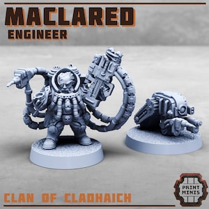 May include: A grey miniature figure of a Maclared Engineer, a character from the Clan of Cladhaich. The figure is highly detailed, with mechanical attachments and a skull emblem. A smaller, robotic companion is also included.