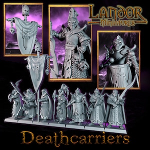 以下が含まれることがあります： グレーのミニチュアフィギュアのコレクション。戦士やリーダーが含まれ、頭蓋骨をテーマにしたヘルメットと鎧を着用。一部のフィギュアは剣と旗を持っています。「Deathcarriers」のテキストが下にあり、「Landor Miniatures」のロゴが上にあります。