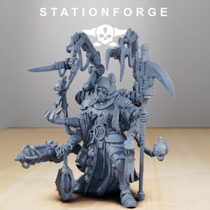 May include: A grey miniature figure of a character with multiple mechanical arms, a gas mask, and a hooded cloak. The figure is holding various tools and weapons, including a scythe and a grenade. The text "STATIONFORGE" is at the top.
