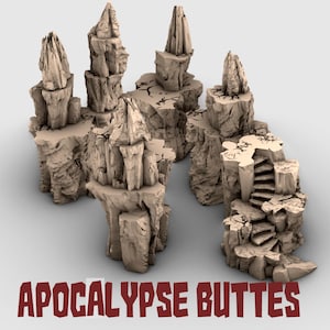 May include: A collection of beige, rocky formations with jagged peaks and cracked surfaces. The structures vary in size and shape, some resembling spires and others featuring staircases. The text "APOCALYPSE BUTTES" is displayed in red at the bottom.