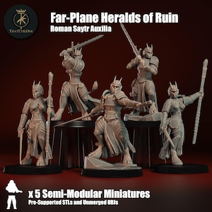 May include: A collection of five gray semi-modular miniatures, each depicting a warrior figure in dynamic poses. The figures are armed with swords and spears, and are set on black bases. Text on the image reads "Far-Plane Heralds of Ruin" and "Roman Saytr Auxilia".