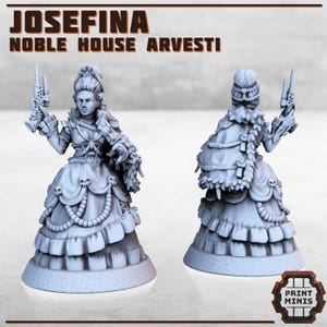 May include: A 3D printed miniature of a woman in a long dress and fur-trimmed coat, holding a pistol in each hand. The miniature is painted in a light grey colour and is posed in a dynamic stance. The text "JOSEFINA NOBLE HOUSE ARVESTI" is printed on the base of the miniature.