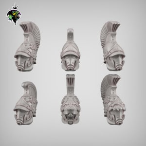 May include: Six grey plastic miniature helmets with a Roman style design. The helmets have a plume on top and a face mask.