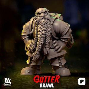 Op de afbeelding: Grijze miniatuurfiguur van een dwerg met een lange, gevlochten baard en een strenge uitdrukking. De figuur draagt een harnas en laarzen, met de woorden "Gutter Brawl" in rode tekst onderaan. Het Punga Miniatures logo is ook zichtbaar.