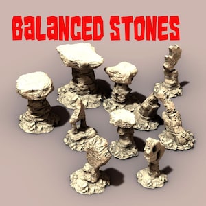 May include: A collection of beige-colored, balanced stone sculptures. The stones are stacked in various formations, some with flat tops and others with more irregular shapes. The text "BALANCED STONES" is displayed in red above the sculptures.