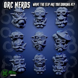 Orc Nerd Heads! Space-Faring Orkish Menace Sculpted by Mekka Miniatures, Grimdark Compatible, Scaled for Sci-Fi Miniature Wargames