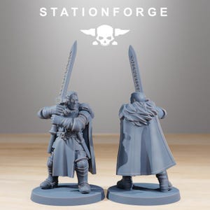 May include: Two gray miniature figurines of a warrior holding a sword, one facing forward and the other from the back. The figurines have detailed armor, capes, and are on circular bases. The text "STATIONFORGE" and a skull logo are at the top.