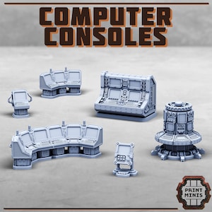 May include: A selection of light grey miniature computer consoles, including a small handheld console, a large curved console, and a cylindrical console. The text "COMPUTER CONSOLES" is displayed at the top of the image.