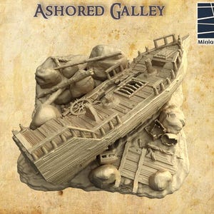 Ashored Galley - Tabletop Terrain - 28 MM, Tabletop 3D Printed Terrain by MiniatureLand, Perfect for Wargaming and RPGs