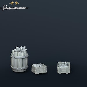 Wyrdstone Barrel and Crate, Fantasy Skirmish Scatter Terrain by Magori Miniatures, perfect for Fantasy Wargames and RPGs