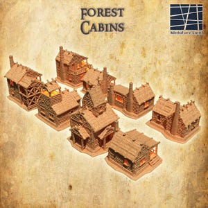 Forest Cabins - Teren do gry w karty - 28 mm, Teren do gry w karty wydrukowany w technologii 3D przez MiniatureLand, idealny do gier wojennych i RPG