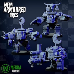 Orcos megaacorazados, una amenaza orca espacial, esculpidos por Mekka Miniatures, compatibles con Grimdark y escalados para juegos de guerra de miniaturas de ciencia ficción.