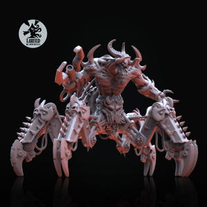 May include: A detailed, light gray miniature of a demonic creature with a horned head, intricate armor, and multiple mechanical legs. The figure has a menacing pose, with a weapon-like appendage. The logo "Tainted Windmill" is in the upper left.