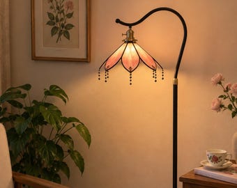 Pink Stained Glass Floor Lamp, Handmade Flower Light for Living Room, Bedroom, Reading Nook