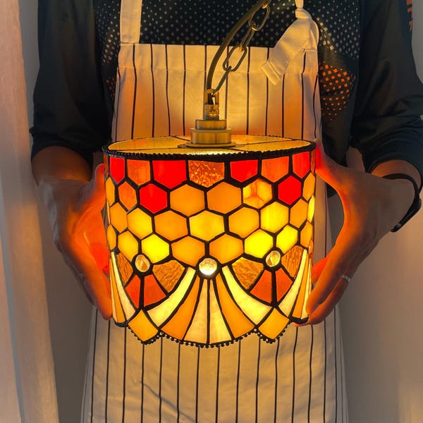 Stained Glass Pendant Light, Art Deco Hanging Lamp, Golden Mermaid Vintage Brass Pendant lighting