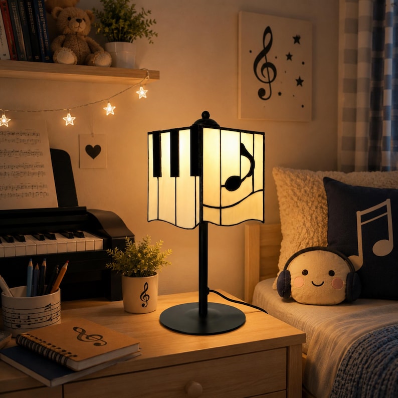 Kids room scene with piano stained glass table lamp glowing warmly beside a music-themed bed and piano corne