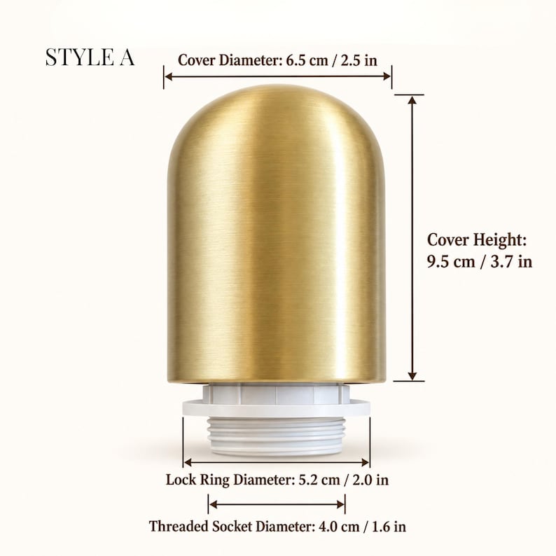 Style A E26 socket with brushed gold cover measuring 6.5 cm wide and 9.5 cm high, white threaded socket and locking ring.