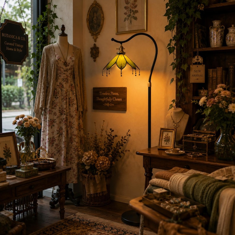 Botanical stained glass floor lamp in a vintage boutique featuring handmade green glass shade, curved arm design and warm ambient lighting