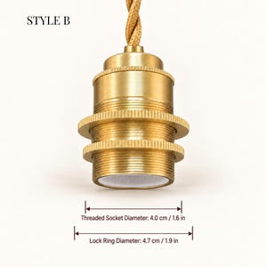 Style B brass E26 lamp socket with gold braided cord, featuring a 4.0 cm threaded socket and 4.7 cm shade-locking ring.